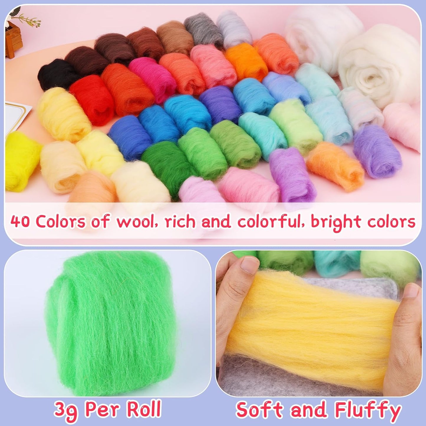Mayboos Needle Felting Kit, 42 Colors Wool Roving Set, Needle Felting Kit with Felting Tool and Foam Mat Needle Felting Supplies for Home Decoration Felted