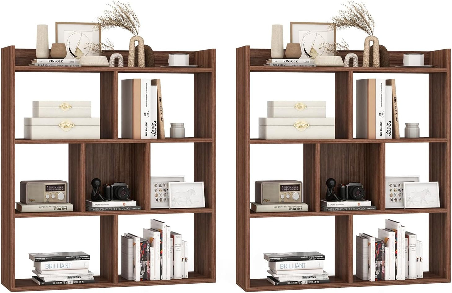 Giantex 7 Cube Bookshelf of 2, Free-Standing Wooden Bookcase, 4 Tier Home Display Shelf, Horizontal Storage Unit w/Anti-Toppling Devices, Open-Back Display Rack for Study, Living Room, Walnut
