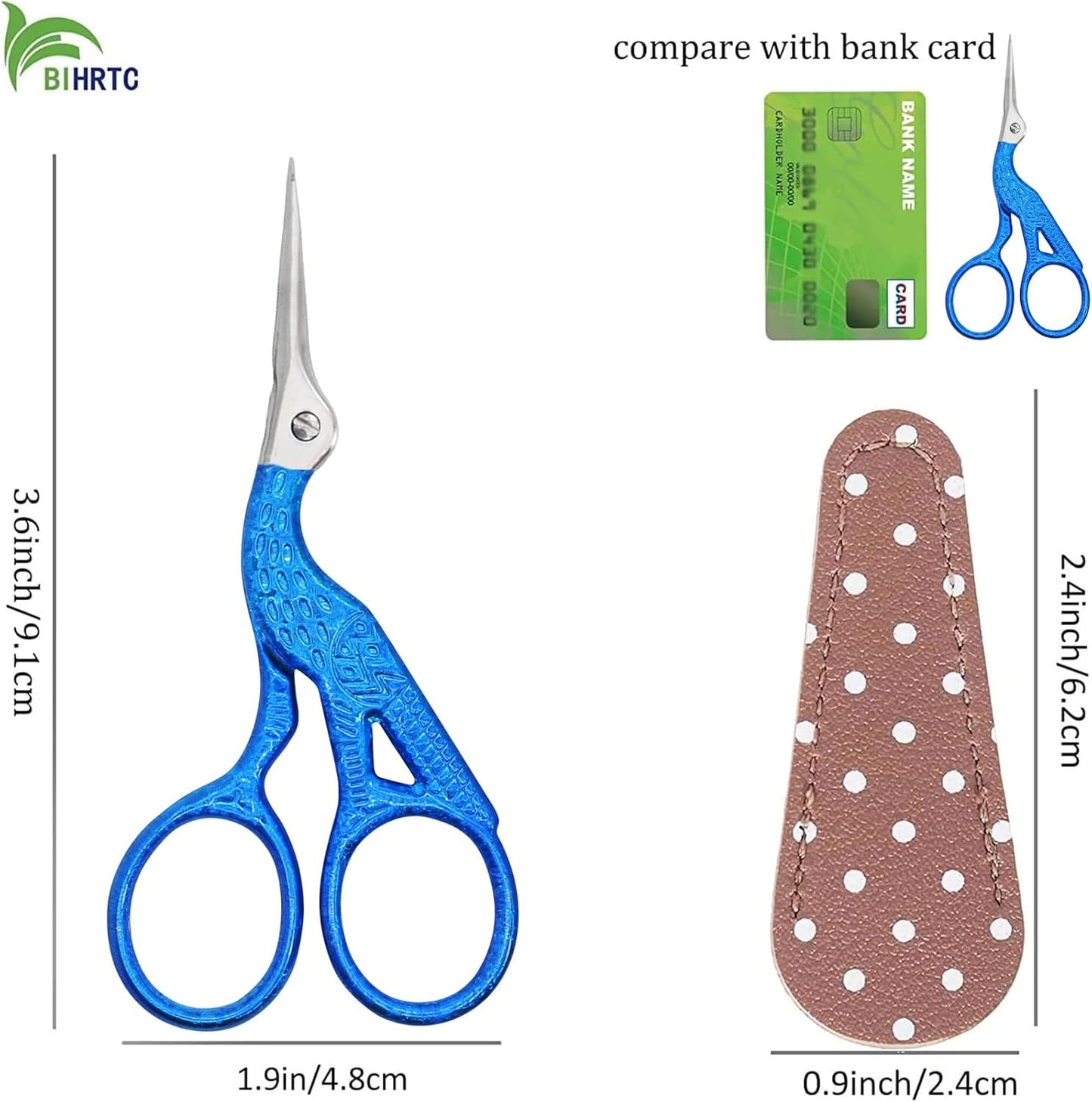 BIHRTC 3.6Inch Embroidery Vintage Stork Scissors Sharp Tip Stainless Steel Scissors with Leather Cover for Threading Cross Stitch Cutting Sewing Handcraft Craft Art Work