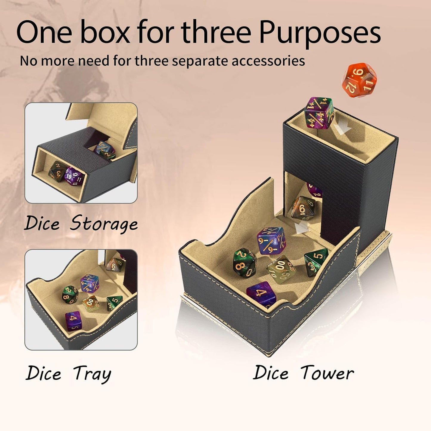 Dice Tower and Tray, Portable Commander Deck Box, Foldable Dice Storage Box for Dungeons and Dragons Rolling Tray Black/Brown