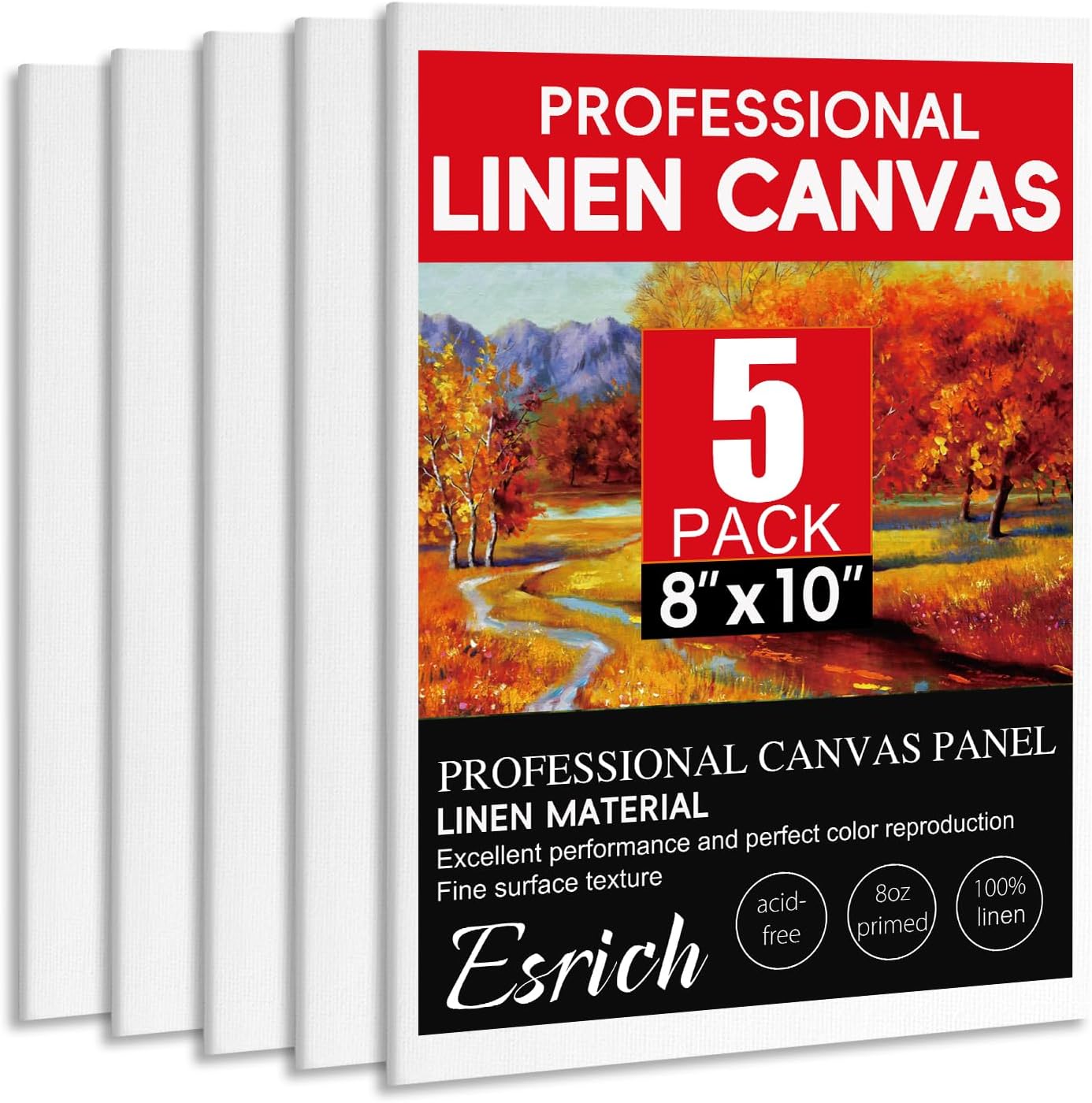 ESRICH Professional Linen Canvas for Painting, 5 Pack Linen Canvas Panels 8x10 Primed Acid Free Blank Canvas Boards for Painting for Artists, Painters