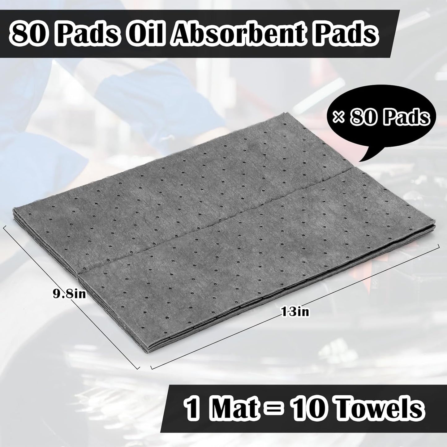 80 Pcs Oil Absorbent Pads, 9.8×13 Inch High Absorbency Absorbent Mats, Water Absorbent Mat, Weight Dimpled Pad, Oil Spill Mat for Absorbing Automotive Garage Workshop Tools Spills