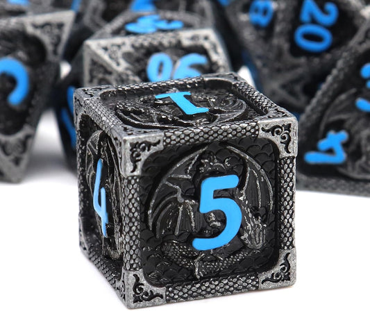 Haxtec Metal DND Dice Set Black Blue Dragon D&D Dice Set with Leather Dice Bag Metal Polyhedral Dice Compatible with Dungeons and Dragons Gifts TTRPG Dice