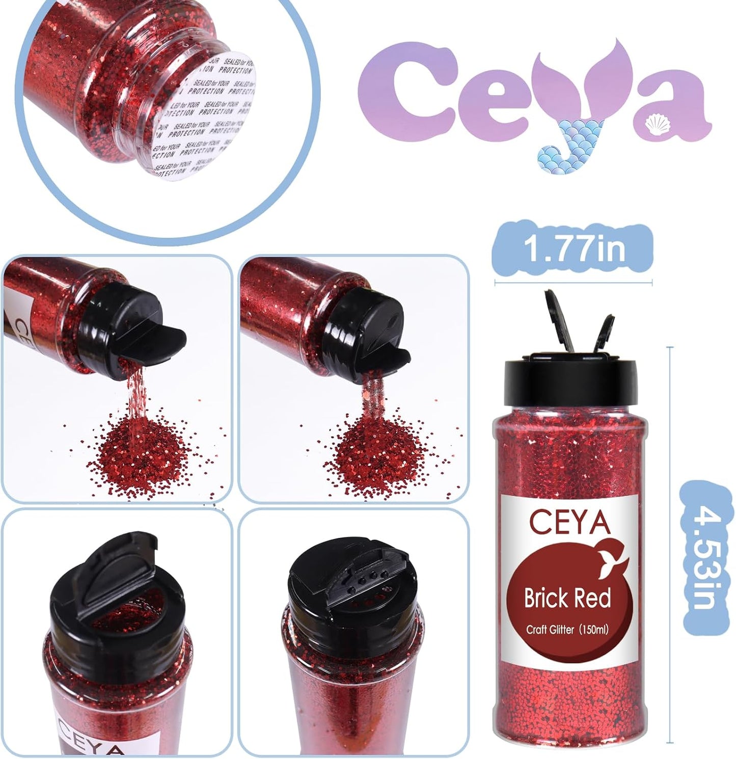 Ceya Bulk Chunky Glitter 6 Assorted Colors, 4.23OZ Each Jar Crafts Christmas Glitter, 1/24” Medium Size Nail Sequins for School Classroom Art,DIY Craft Slime Poster Card,Red,Blue,Silver,Gold,Green,Mix