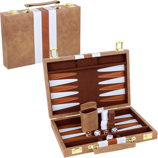 Backgammon Set 2 Players Classic Backgammon Sets for Adults Board Game with PU Leather Case Portable and Travel Backgammon Set (Retro Brown, 11inch)