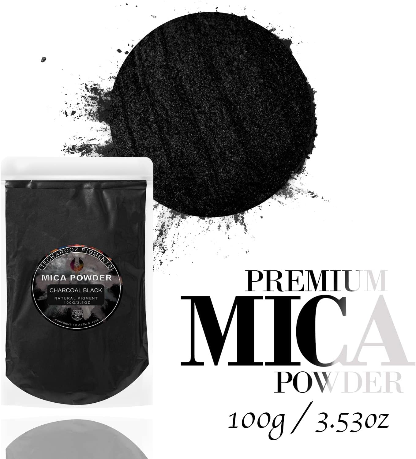 Charcoal Black Mica Powder for Epoxy Resin 100g / 3.5oz. Sealed Bag - TECHAROOZ 2 Tone Resin Dye Color Pigment Powder for Lip Gloss, Nails, Colorant for Slime Bath Bombs Soap Making & Polymer Clay