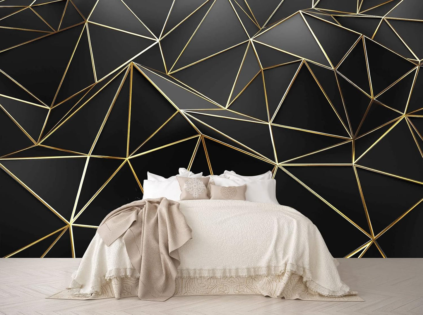 Black and Gold Wallpaper 3D Abstract Geometric Wall Mural for Bedroom Living Room TV Background Wall（Not Peel and Stick）