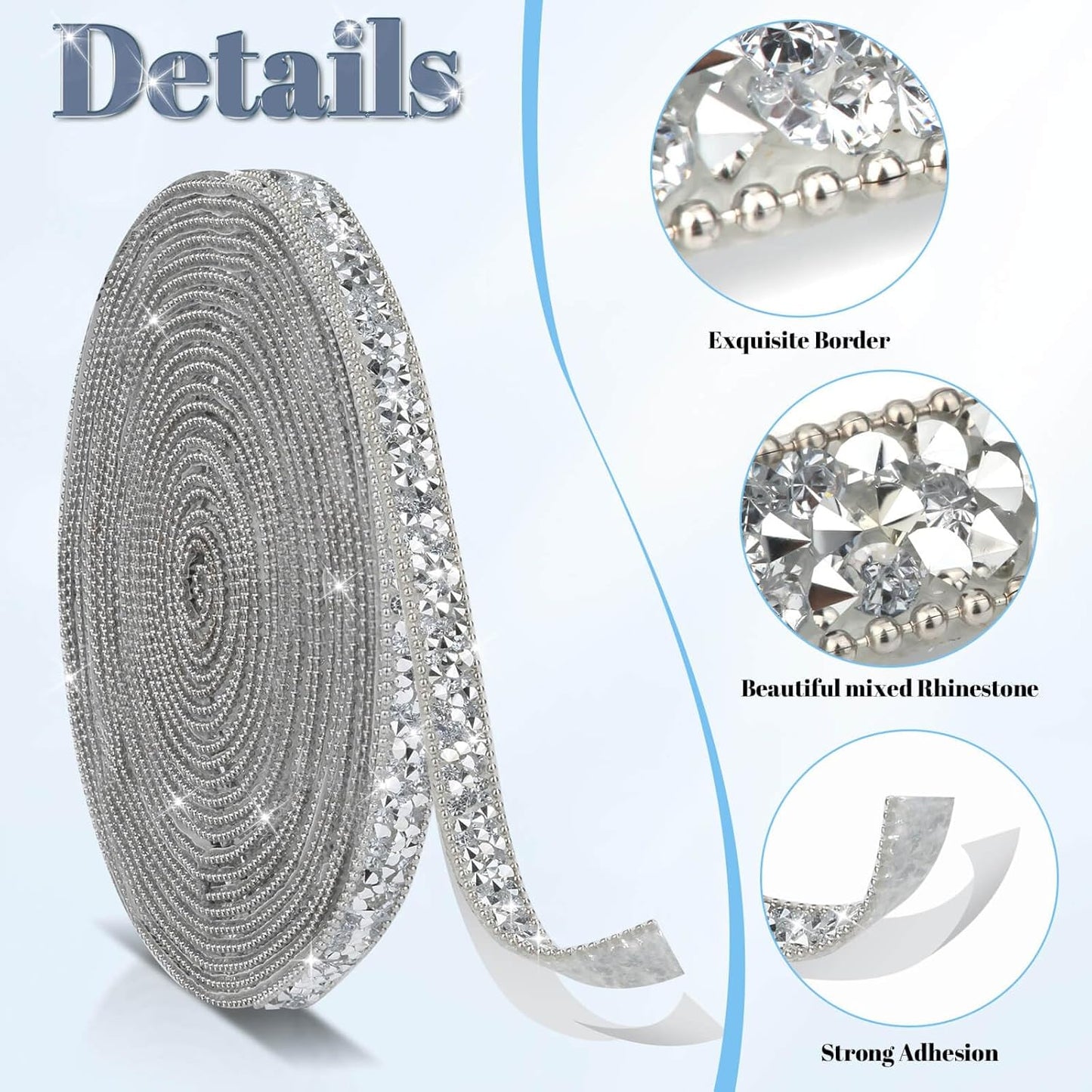 5 Yards Self Adhesive Rhinestone Ribbons, Sliver Rhinestone Strips, Diamond Crystal Rhinestone Ribbon Roll Stickers Glitter Bling Ribbons Rhinestones for Crafts Fabric Car Shoes Décor