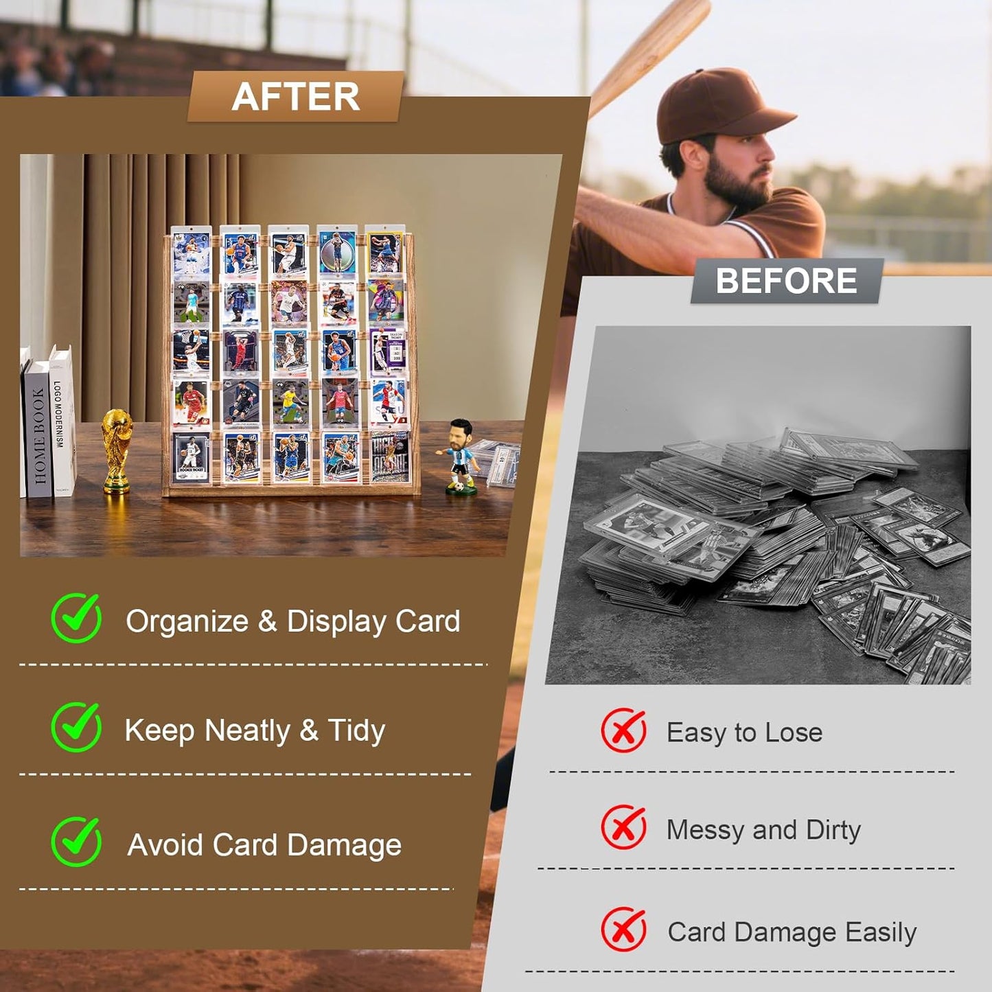 Emfogo Trading Card Display Stand, 5 Tier Sports Graded Card Display, Wooden Trading Card Display Stand for Soprts Card Collection & Show, Brown