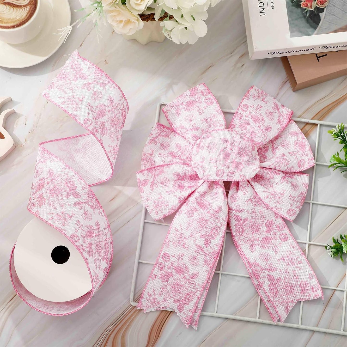 AnyDesign Floral Wired Edge Ribbon Roll Pink Flower Ribbon Chinoiserie Fabric Ribbon for Wreath Bow Making DIY Crafts Gift Wrapping, 12 Yard