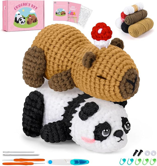 Fortuning's JDS Crochet Kit for Beginners, Panda & Capybara Crochet Animal Kits, Easy Crochet Kit for Adults and Kids, Complete DIY Craft Knitting Kit w/Step-by-Step Video Tutorials Christmas Gifts