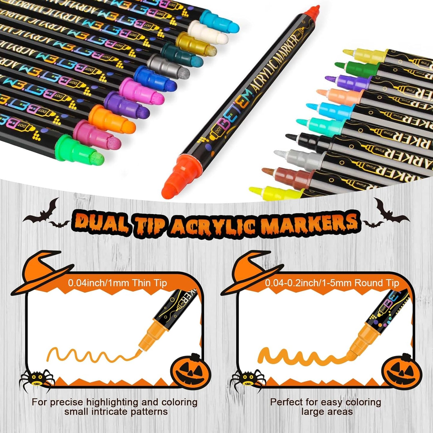 Betem 12 Colors Dual Tip Acrylic Paint Pens Markers, Premium Acrylic Paint Pens for Halloween Decorations, Wood, Canvas, Stone, Rock Painting, Glass, Ceramic Surfaces, Pumpkin Painting Kit DIY Crafts
