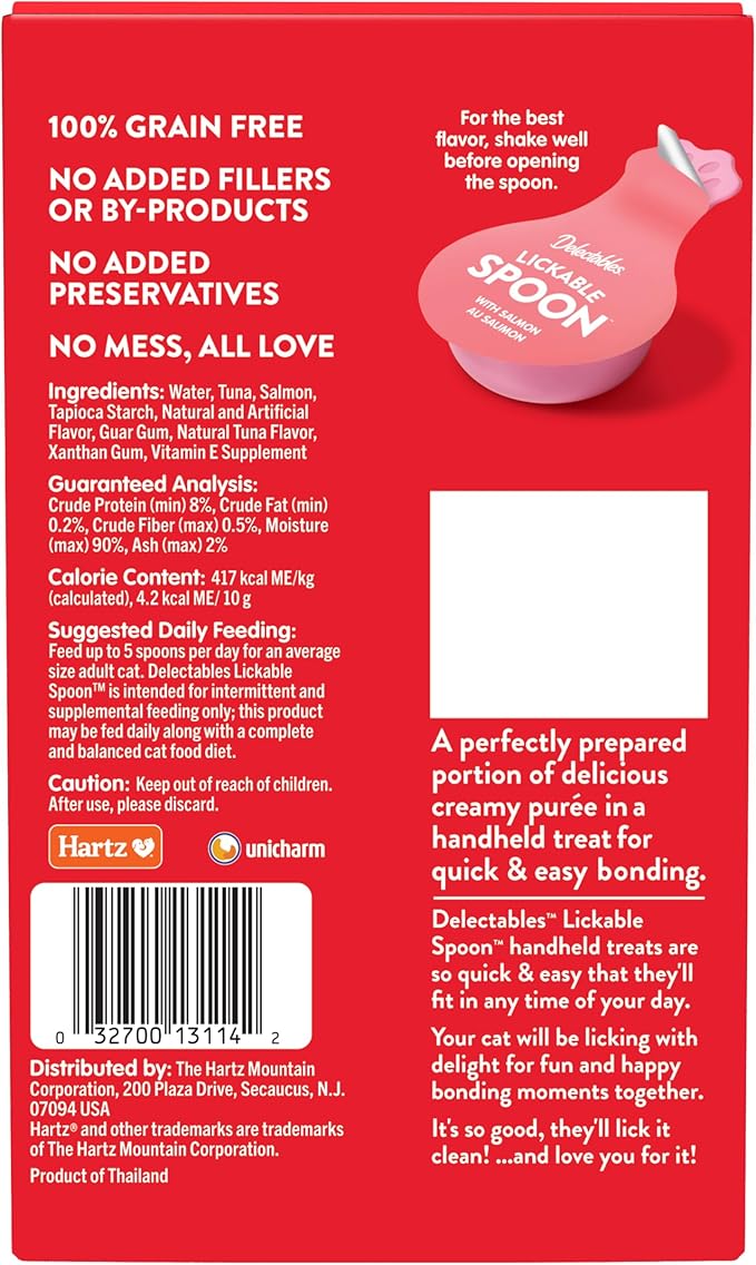 Hartz Delectables Lickable Spoon Handheld Wet Cat Treats Made with Real Salmon, Quick & Easy Creamy Puree, Mess Free, Grain-Free, No Added Fillers, No by-Products, No Added Preservatives, Salmon 32ct