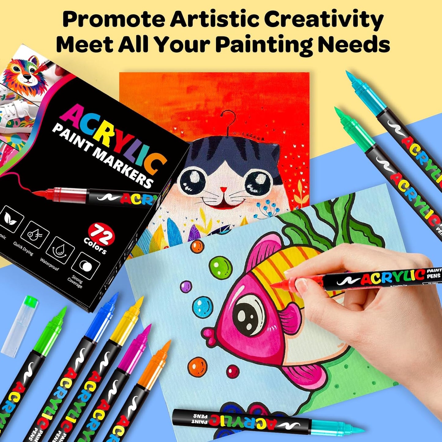 72 Colors Acrylic Paint Markers, Soft Brush Tip Pens and Markers, Water-Based Acrylic Paint Pens for Wood, Stone, Canvas, Glass, Fabric, Egg, Rock Painting and DIY Crafts Art Supplies
