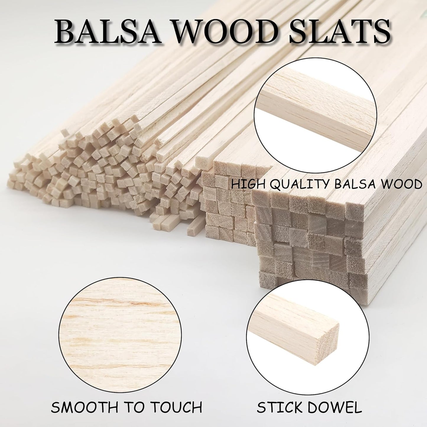 222Pcs Balsa Wood Sticks,Wood Strips Balsa Square Wooden Dowels Hardwood Unfinished Wood Sticks for Crafts DIY Projects Models Making Supplies (1/8in+3/16in+1/4in 222pcs)