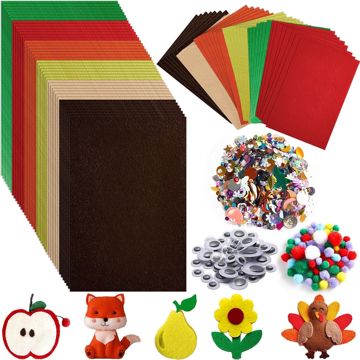 42Pcs Fall Felt Fabric Sheets 8 x 12 Inch Autumn Yellow Orange Assorted Soft Thick Felt Pack with Wiggle Google Eyes Pom Poms Glitter Patchwork for Thanksgiving DlY Sewing Creative Art Project Decor