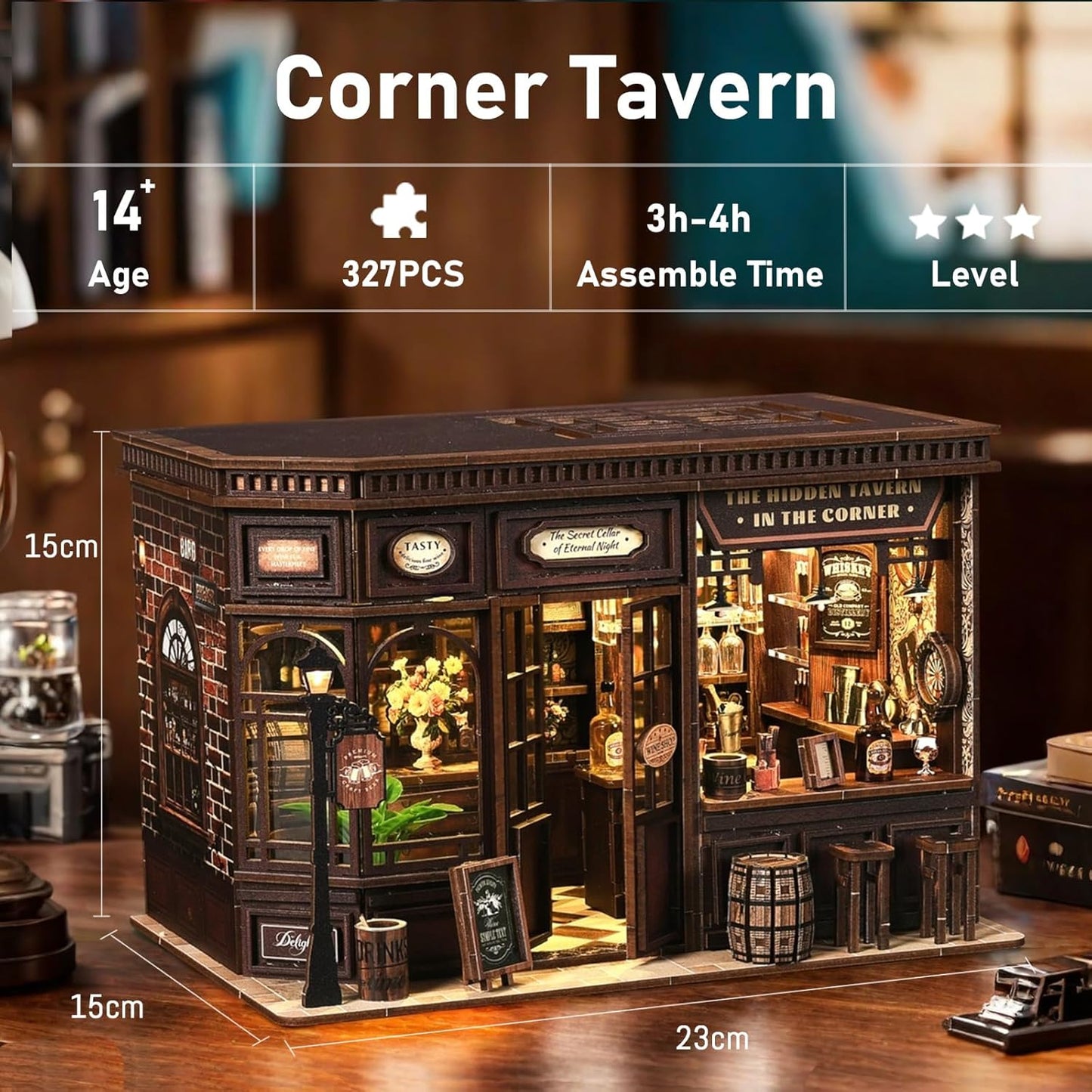 Book Nook Kit - DIY Miniature Dolls House Kit with Furniture and LED Light, 3D Puzzle Wooden Art Bookends, Model Kits for for Adults and Teens (Corner Tavern)