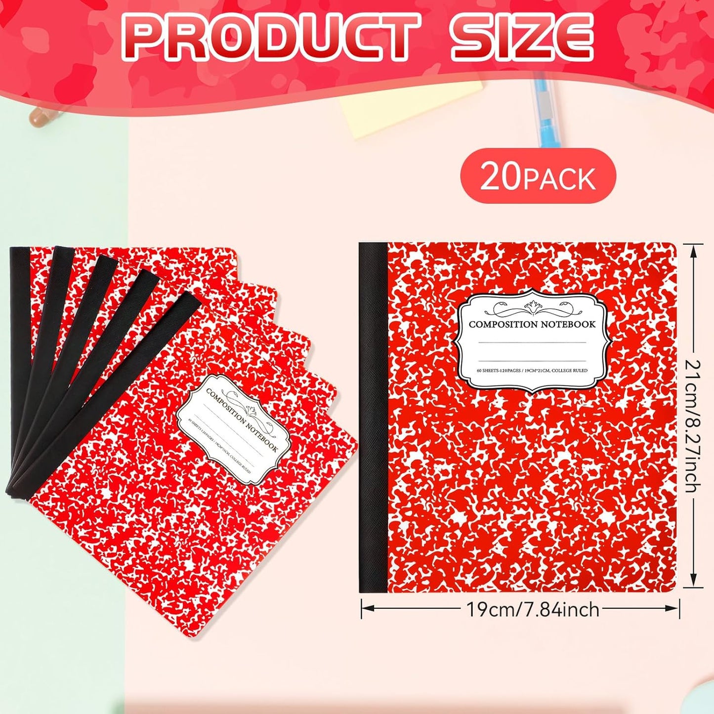 Seajan 20 Pack Composition Notebooks, Wide Ruled Paper, 7-1/2" x 9-3/4" Marble Hard Covers, 60 Sheets, Composition Notebooks Bulk for Students Back to School Adults Office Supplies(Red)