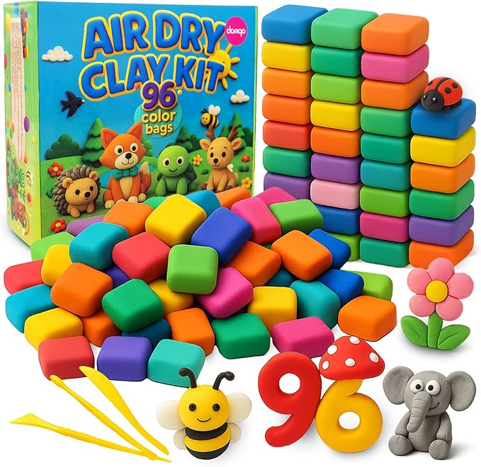 Air Dry Clay Kit 96 Colors for Kids, Lightweight and Non-Sticky Modeling Clay with Sculpting Tools and Storage Bags, DIY Arts and Crafts Gift for Boys and Girls Ages 3+