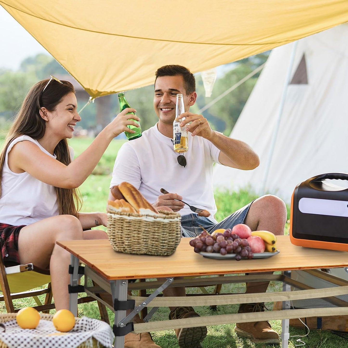 Bamboo Folding Camping Table 4 Folds with Adjustable Aluminum Legs Portable Picnic Table with Storage and Carry Bag for Outdoor Hiking Beach 3-5 Person