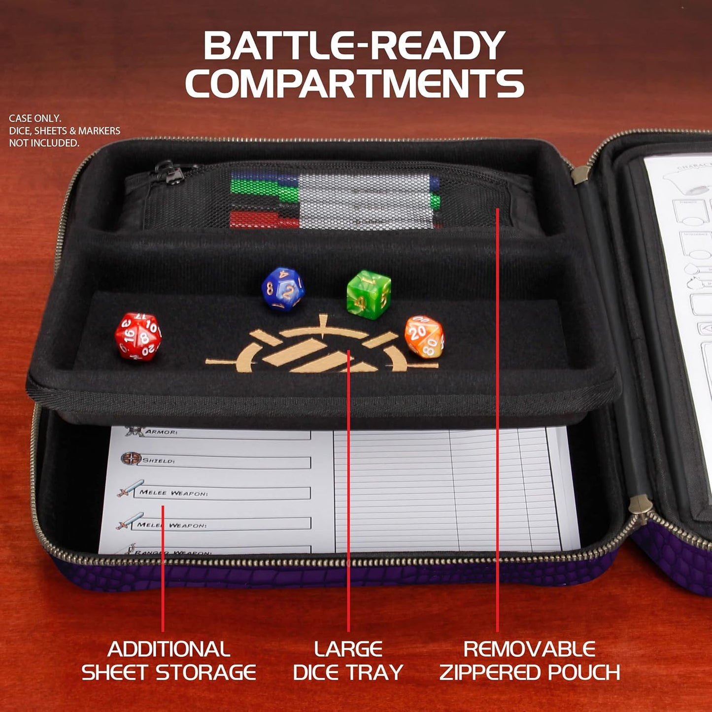 ENHANCE RPG Organizer Case - DnD Binder with Built-in Character Sheet Holder and Erasable Scribe Panel, Dice Rolling Area, Removable Pen Pouch, Miniature Foam Tray, Wrist Strap