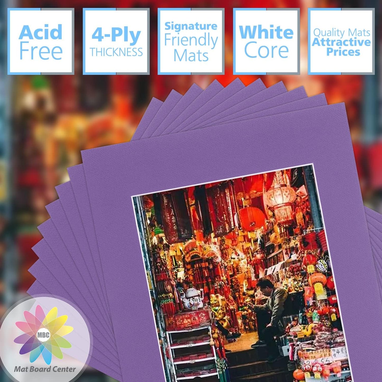 Mat Board Center, Pack of 10, 11x14 for 8x10 Purple Color Mats - Bevel Cut, Acid Free, 4-ply Thickness, White Core - for Pictures, Photos, Framing