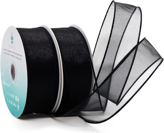 CT CRAFT LLC Sheer Organza Wired Ribbon 1.5" x 25 Yards x 2 Rolls Black for Wedding Chair Bow Flora Bouquet Gift Wrapping Christmas Tree Home Decor Wreath