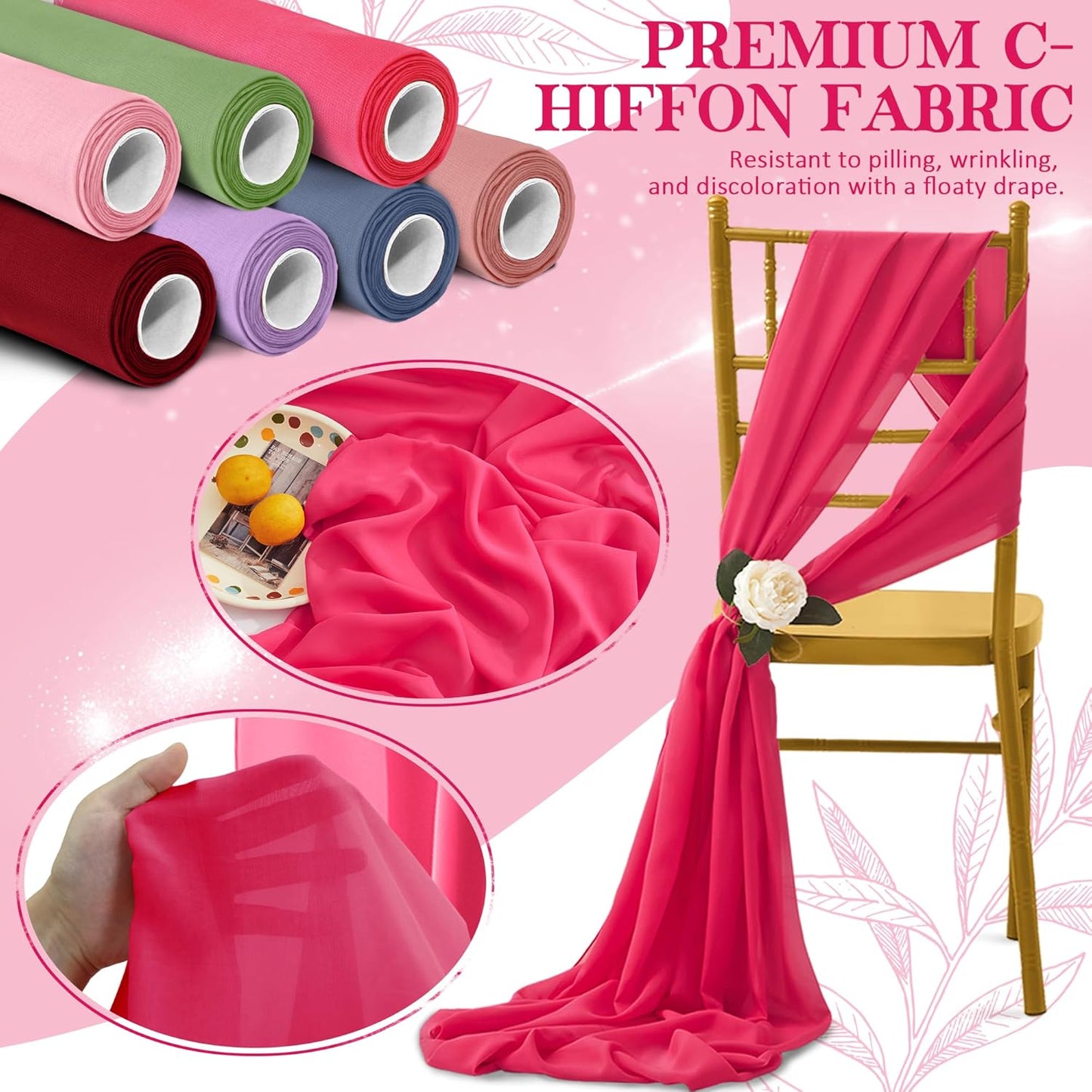 Horbaunal Hot Pink Chiffon Fabric by The Yard, 1 Yard Continuous Sheer Fabric 59" Wide Soft Draping Fabric for Wedding Arch Draping Party Backdrop DIY Sewing