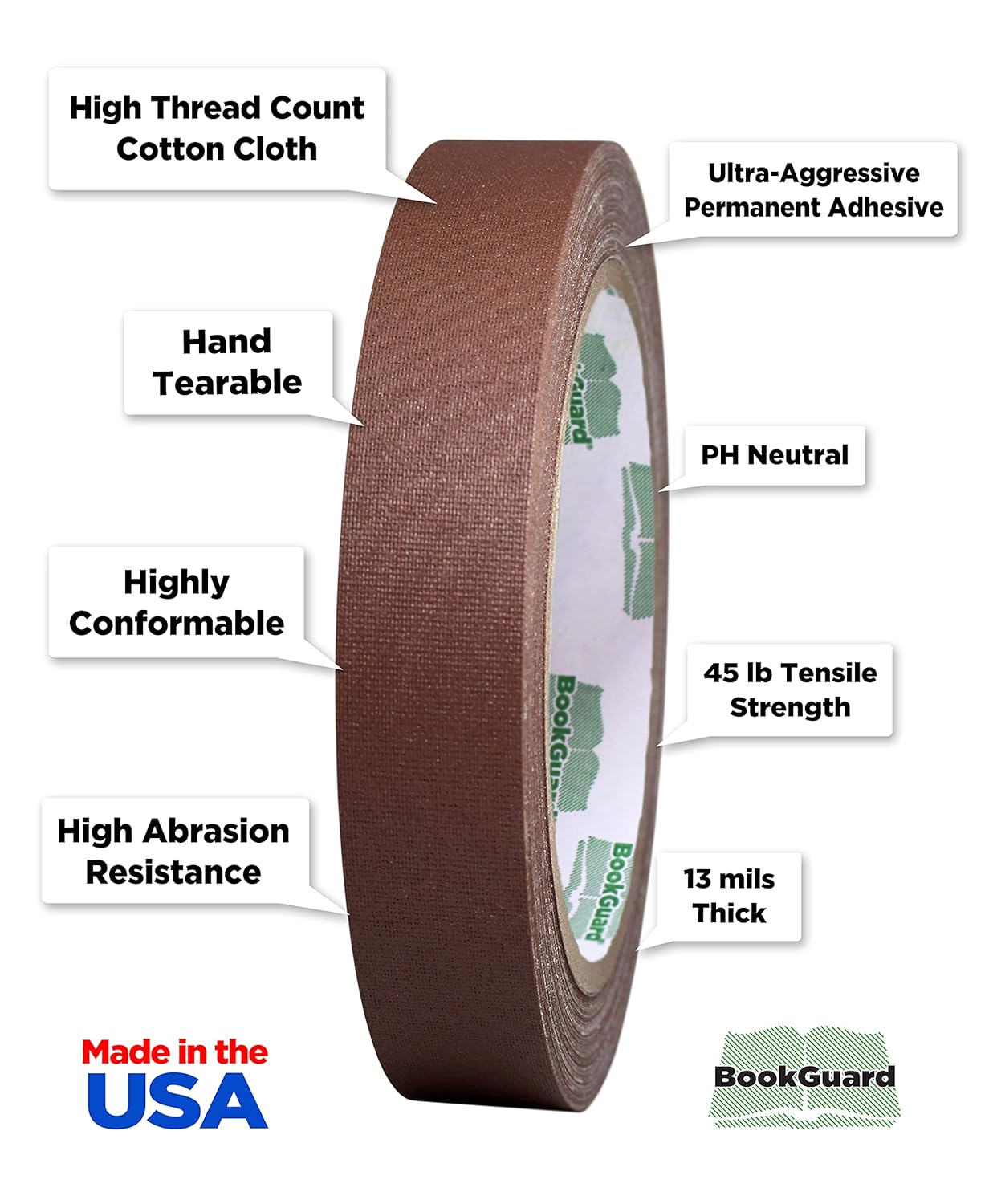 BookGuard 0.75 inch Premium Bookbinding Repair Cloth Tape, 15 Yard Roll, Brown