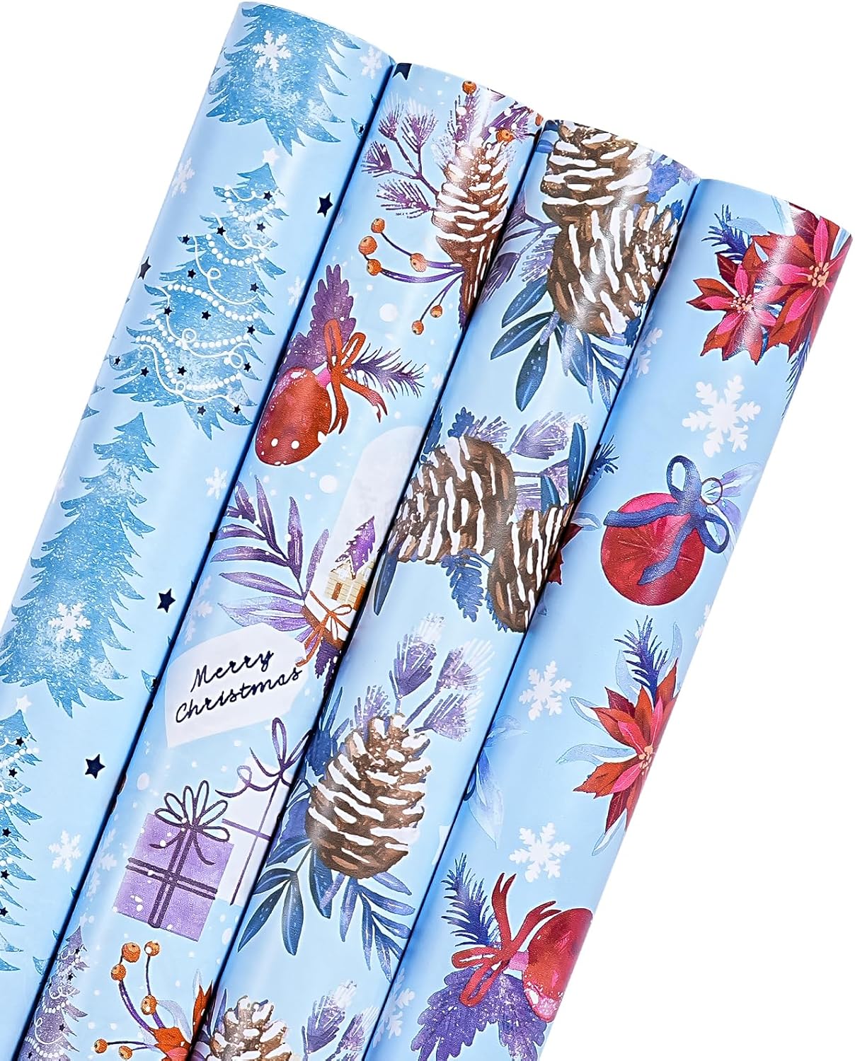 WRAPAHOLIC 30 Inch Christmas Wrapping Paper Roll - Jumbo Roll Red and Blue Snow Globe, Pinecone, Poinsettia, Christmas Tree Wrapping Paper - 4 Rolls - 30 Inch x 120 Inch Per Roll