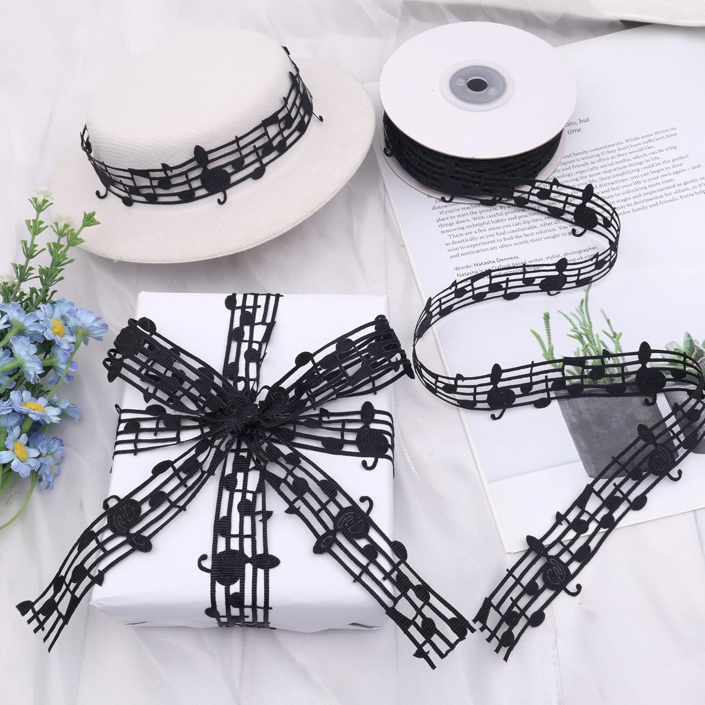 Black Music Note Ribbon Grosgrain Ribbon Notation Craft Music Accessories Trim for Homecoming Mum Supplies Christmas (20 Yards/Roll)