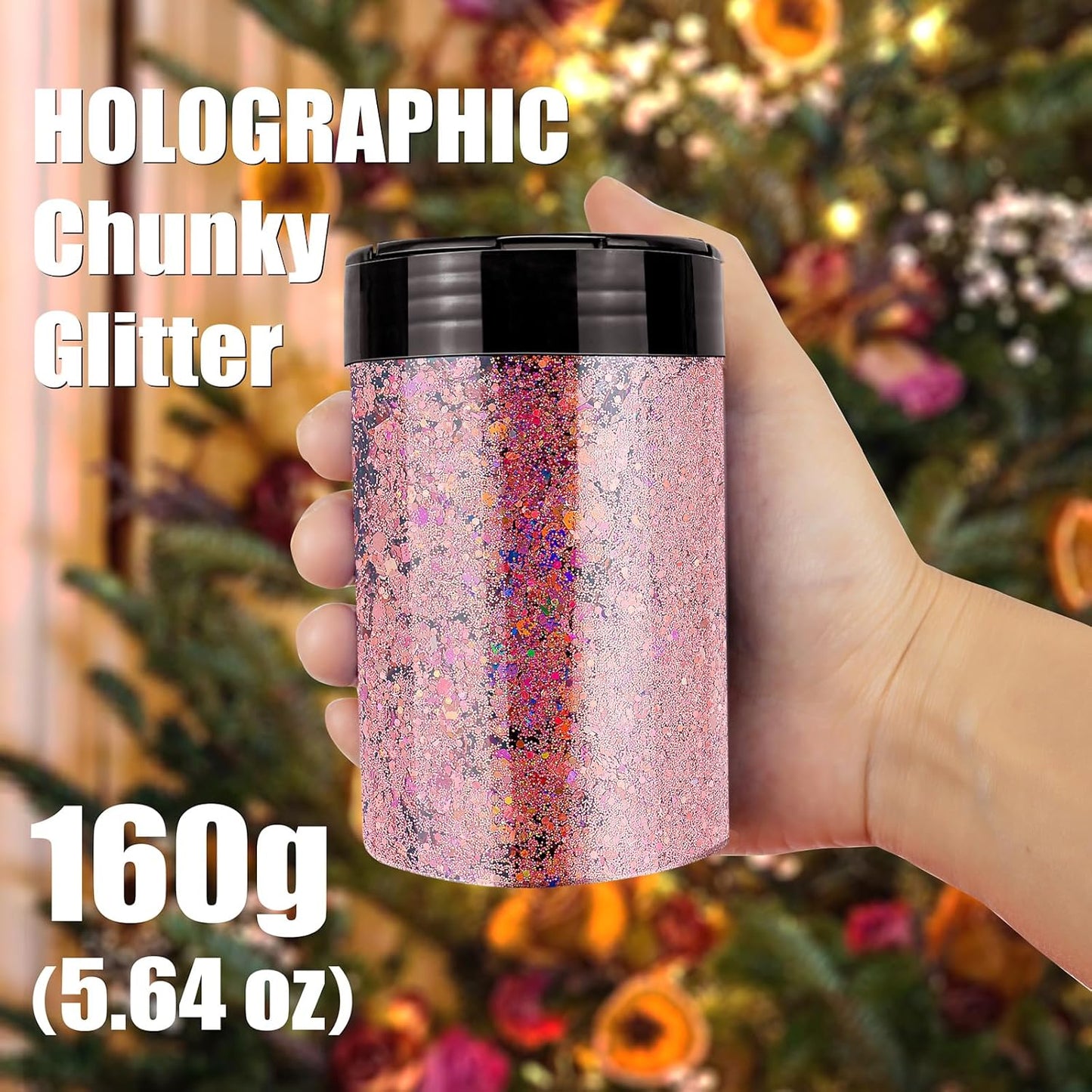 Estanoite Holographic Chunky Glitter, 160G/5.64OZ Glitter, Mixed Fine & Chunky Glitter for Epoxy Resin, Iridescent Glitter for Crafts Tumblers, Halloween Christmas Festival Painting Decor (Rose)