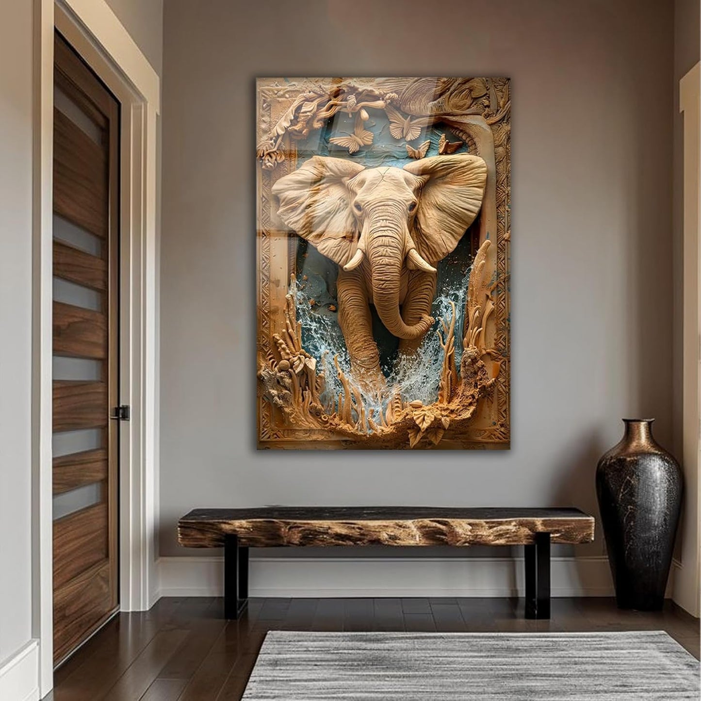 SpiritualHands Rustic Elephant Printed Tempered Glass Wall Art Painting for Living Room, Tempered Glass Modern Prints Decor, Large Vivid Color Panel for Bedroom, Kitchen, or Office