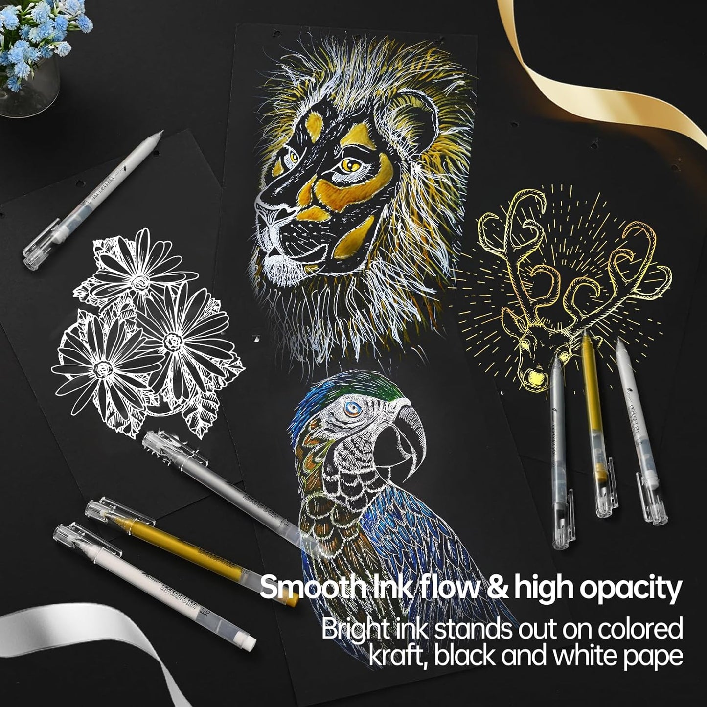 Gold Gel Pens, 1.0 mm Extra Fine Point Gel Ink Pens, Opaque Gold Archival Ink Pens for Black Paper Drawing, Sketching, Card Making, White Gel Pen for Artists Drawing, 3 Pack