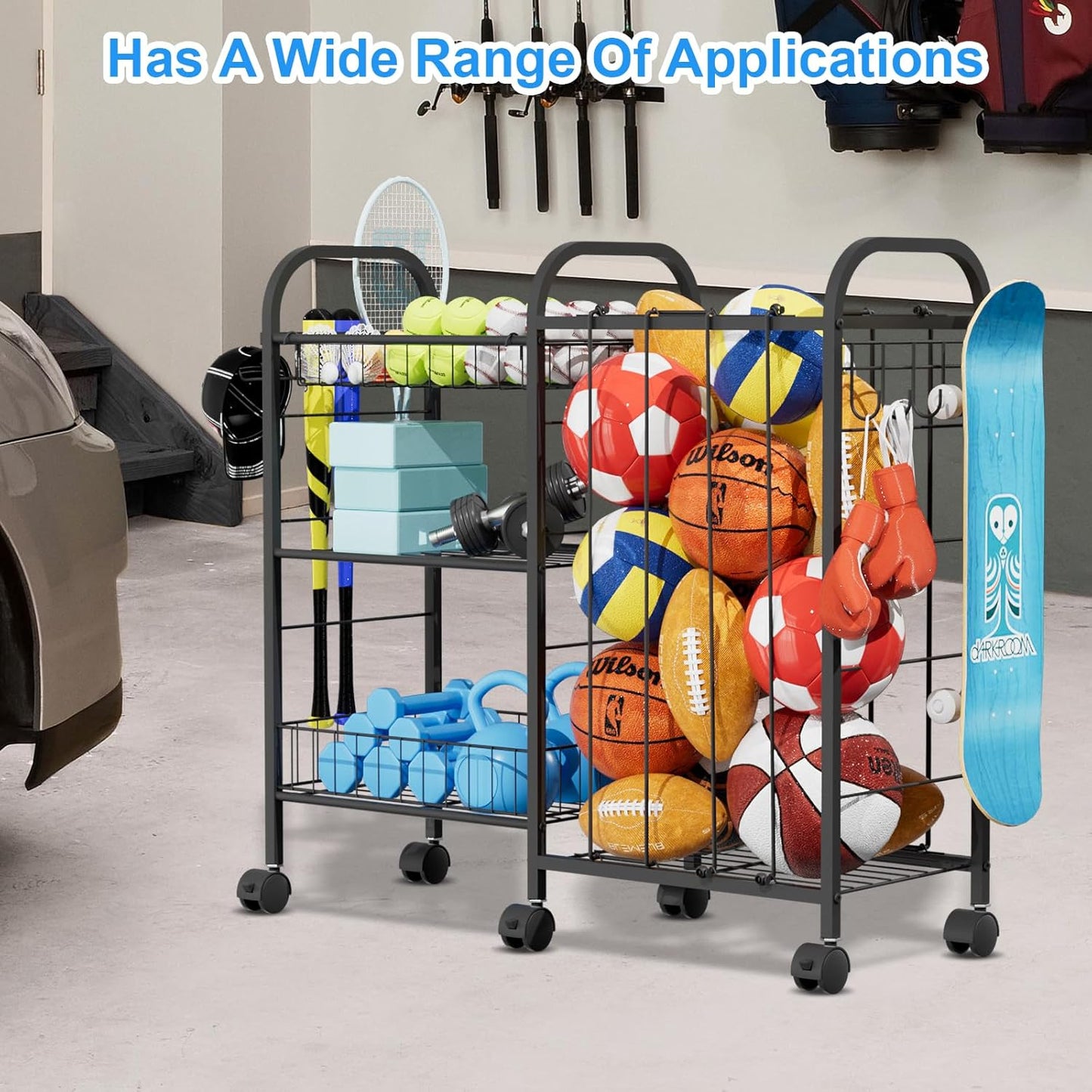 Ball Storage Rack, Sports Ball Storage Cart with 6 Wheels, Elastic Strap, Removable Basket, Hooks, Sports Equipment Organizer For Garage, Children's Room, Court, School, Small Gym, Outdoor