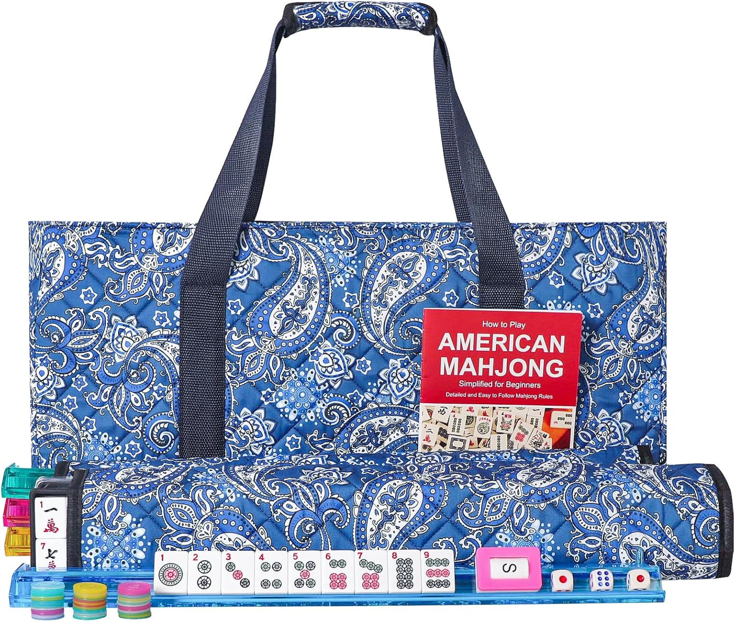 American Mahjong Game Set, 166 Quality White Tiles, 4 All-in-One Color Rack/Pushers, Mahjong Tile Set with Blue Printed Carrying Bag