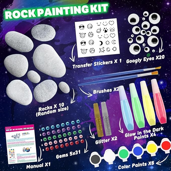 Beeswill Rock Painting Kit for Kids - Glow in The Dark Rock Kit, Arts and Crafts for Kids Ages 4-12, Easter and Christmas Gifts for Girls Art Toys Craft Kits