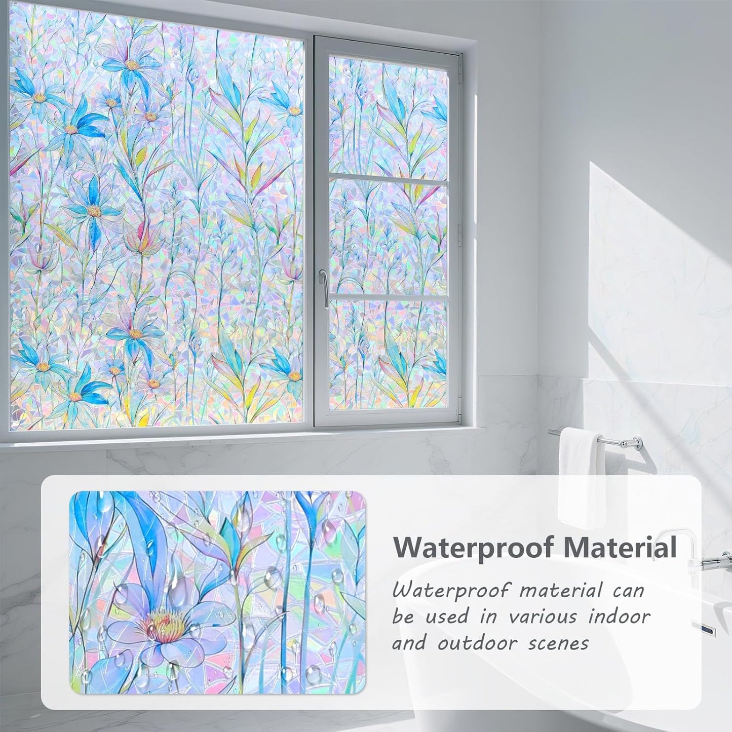 FINNEZ Window Privacy Film Stain Glass Film Flowers Rainbow Window Film Window Clings Non-Adhesive Reusable Decorative for Home（Blue Lotus，45.2 Inch x 6.5 Feet）