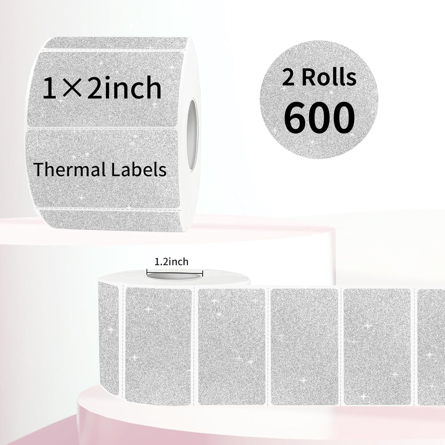2x1 Inch Holographic Thermal Labels, Silver Glitter Thermal Printer Stickers, Waterproof Self-Adhesive Shipping Barcode Address Label Printer Sticker- 600 Labels/ 2 Rolls