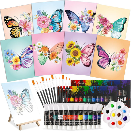 Cholemy 36 Pcs Paint and Sip Kit for Adults 8''x10'' Pre Drawn Canvas for Painting DIY Afro Acrylic Painting Kit Wood Easel Brushes Date Night Bulk for Christmas Party Gifts(Butterfly)