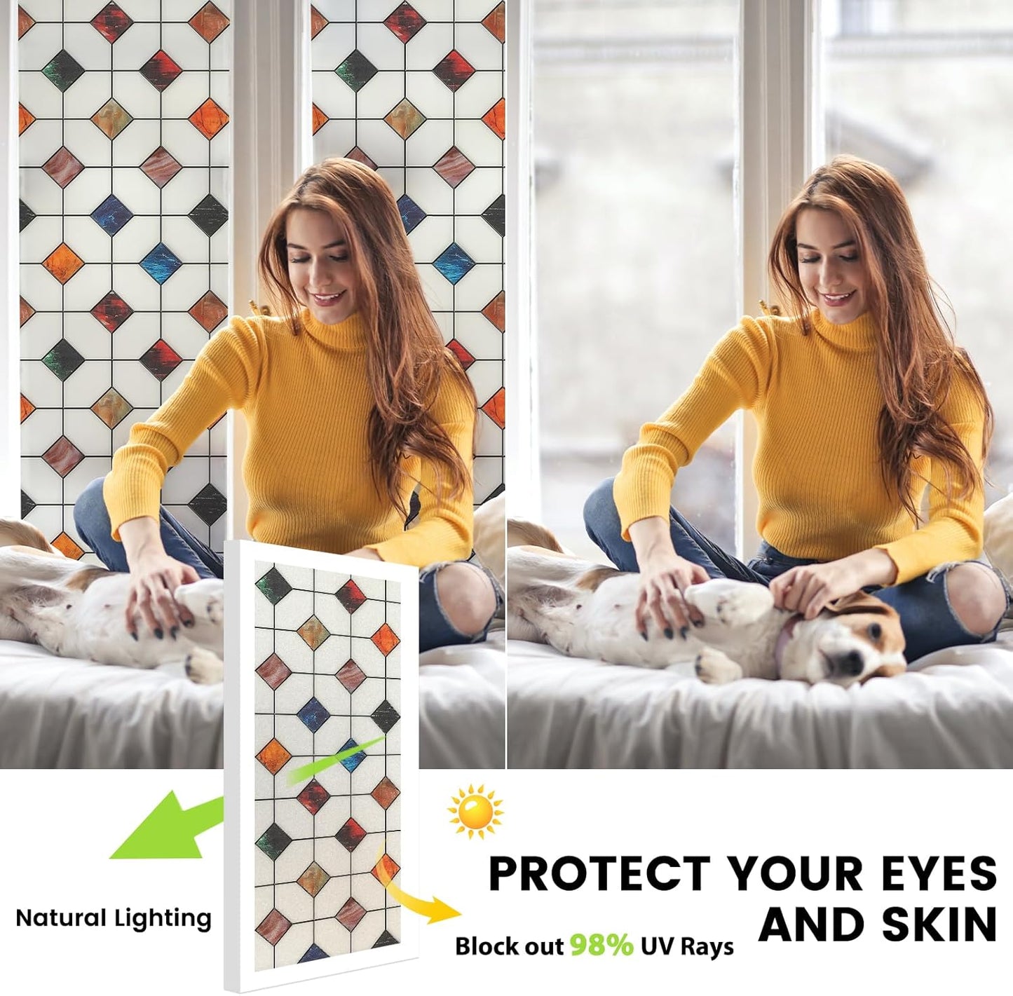 DKTIE Stained Glass Window Film Geometric Patterns, Fine Frosted Window Clings for Glass Windows, Waterproof for Bathroom Window Privacy Film Day and Night (S533, 35.4in X 78.7in)