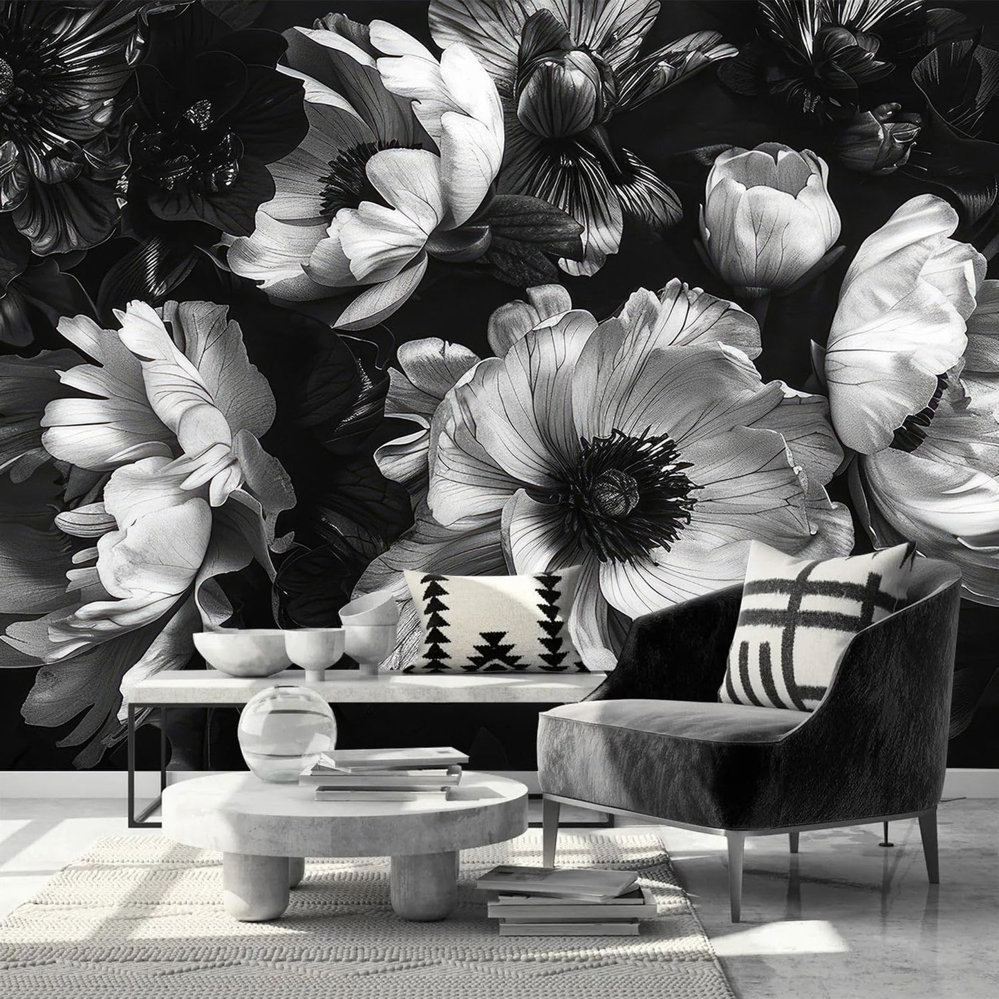 AFZEVEB-Black Peony Floral Wallpaper Vintage Large Flower Wall murals for Bedroom 114"x74"(Not Peel and Stick)