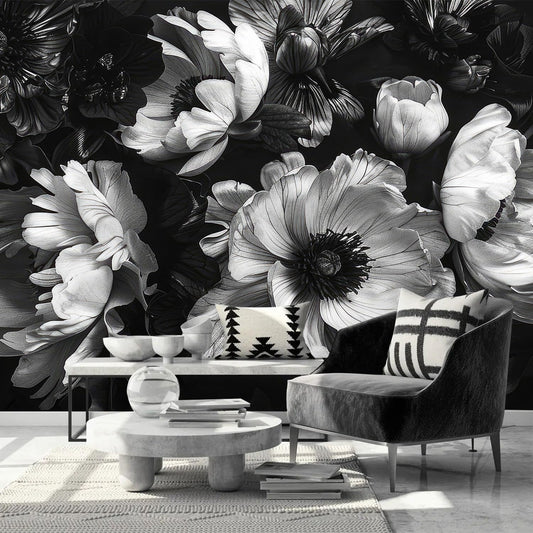 AFZEVEB-Black Peony Floral Wallpaper Vintage Large Flower Wall murals for Bedroom 114"x74"(Not Peel and Stick)