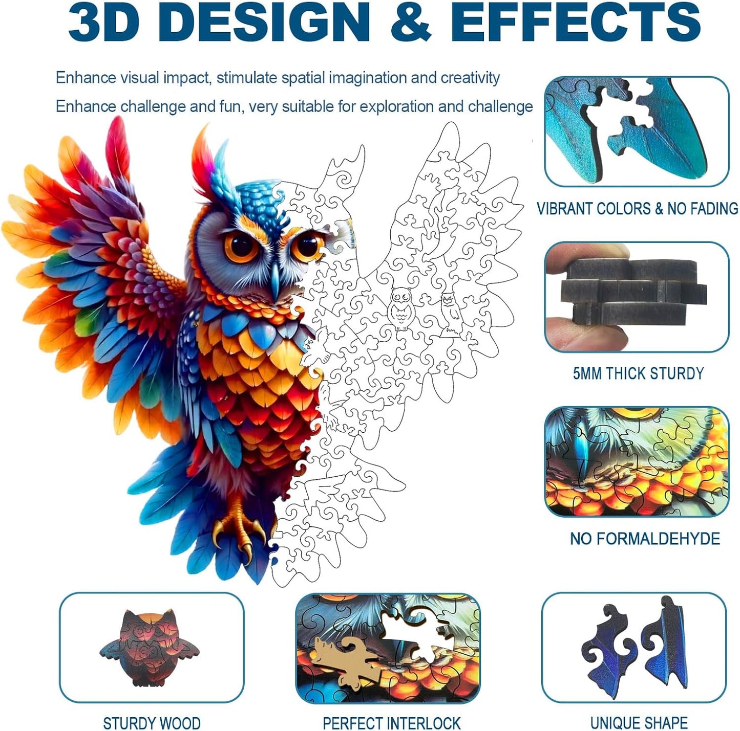 Wooden Jigsaw Puzzles for Adults and Kids, Rainbow Owl 200 Piece Unique Shaped Puzzle, Family Game and Creative Wooden Puzzle Gift, Wall Art Decor