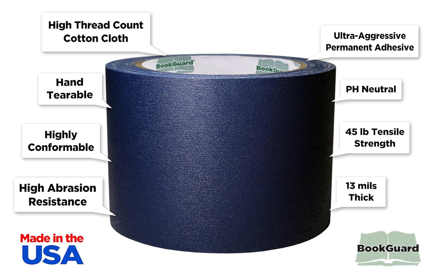 BookGuard 3 inch Premium Bookbinding Repair Cloth Tape, 15 Yard Roll, Navy Blue