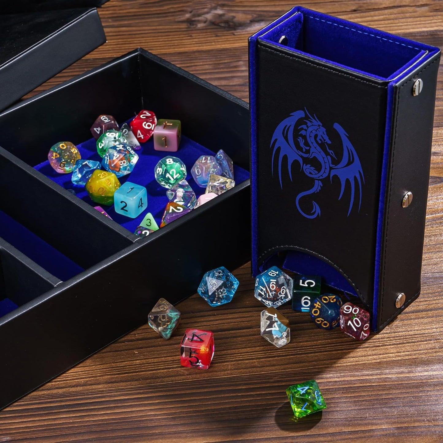 D&D Dice Storage Box 4 in 1 Portable Dice Case, RPG DND Rolling Tray Leather Box for Role Playing Games and Other Tabletop Game