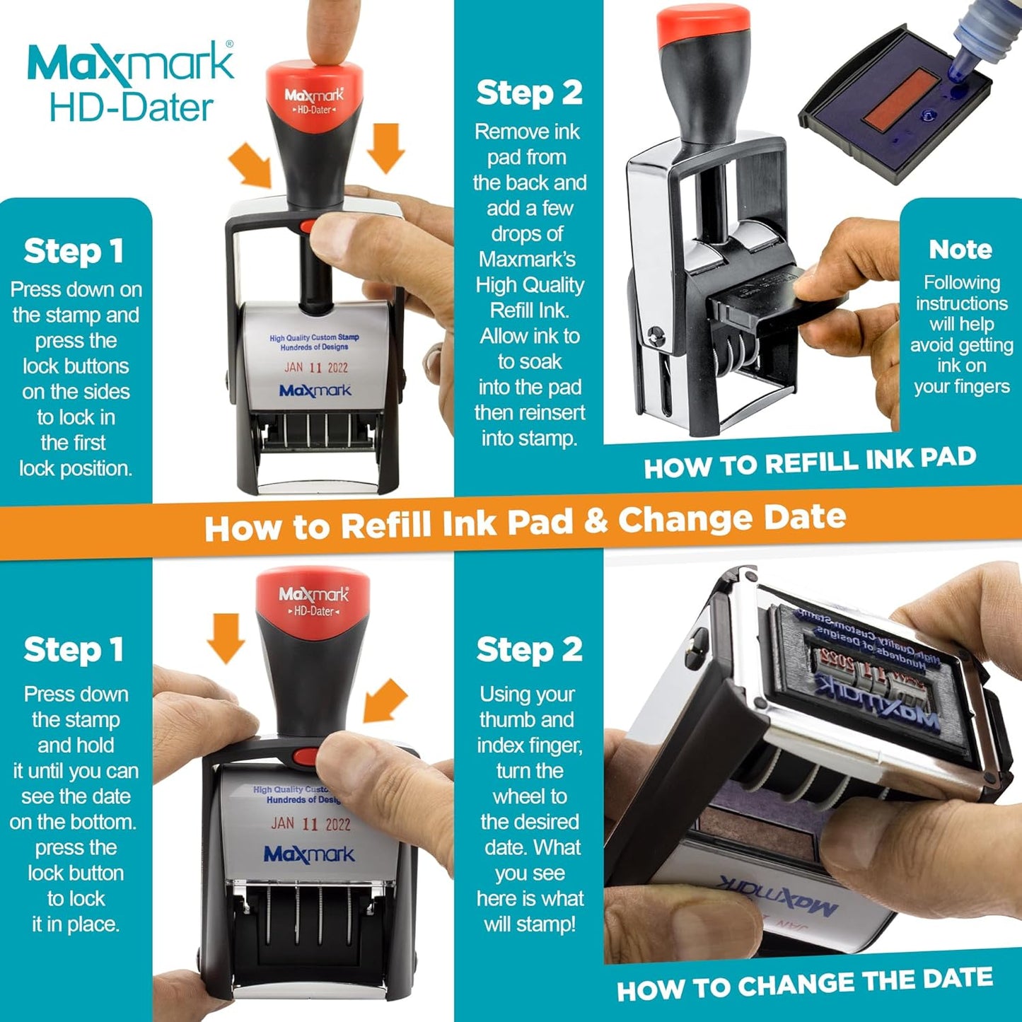 MaxMark Heavy Duty Self Inking Date Stamp with Phrase Deposited - 2 Color Blue/Red Ink