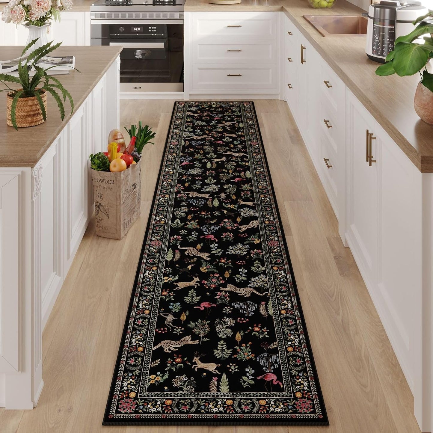 Rugcomf Runners for Kitchen Runner Rug Non Slip 2'x10' Long Washable Rugs with Rubber Backing Soft Floral Animal Carpet Runner for Kitchen, Laundry, Bedroom, Bathroom (Black)