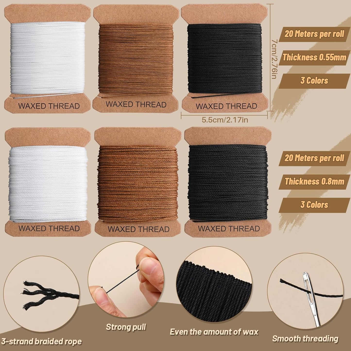 IMZAY 132 Yards Upholstery Repair Kit, 0.55MM and 0.8MM Waxed Sewing Thread with 14 PCS Heavy Duty Needles, Thimbles for Leather Sewing, Bookbinding, Beading, Stitching (3 Colors)