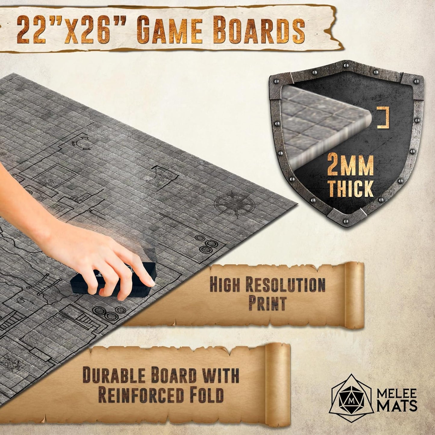 Melee Mats DND Map Starter Kit - 22” x 26" Double Sided, Wet/Dry Erase Battle Terrain Grid - Ultimate Tabletop Board Gaming Experience with Accessories